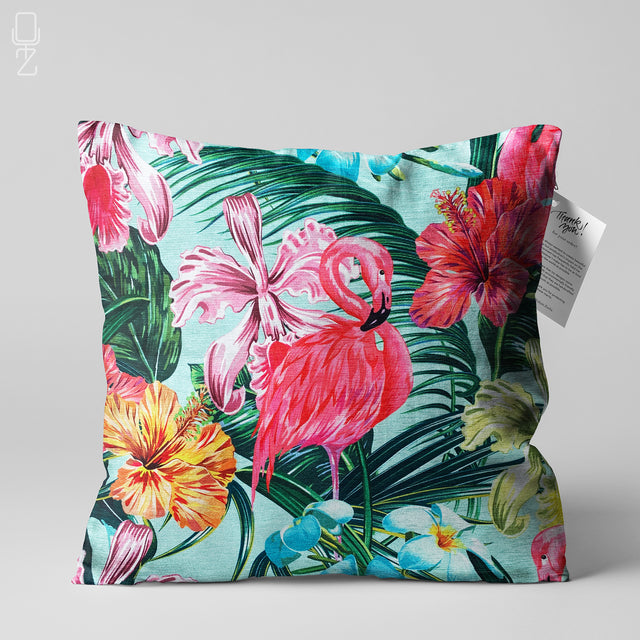 Pink Flamingo & Tropical Flowers Cushion Cover