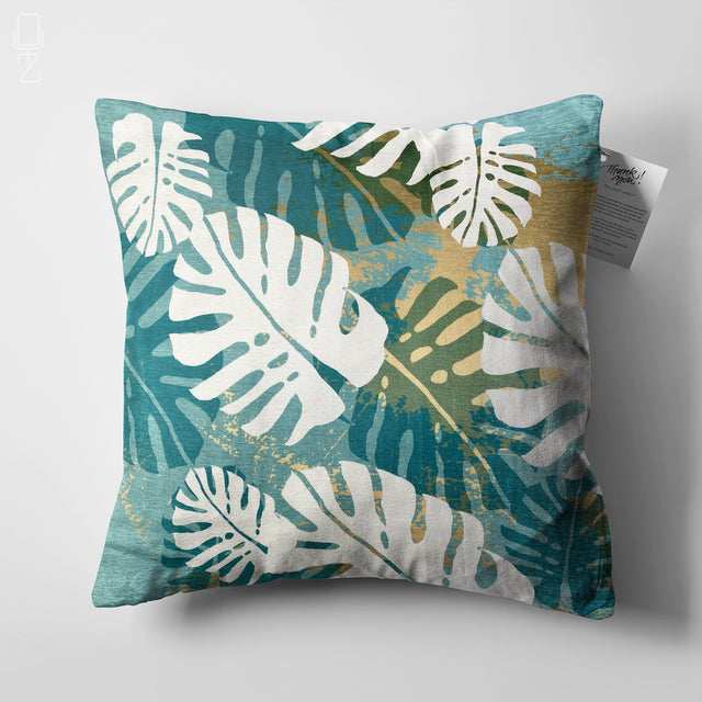 White Tropical Leaves on the Green Cushion Cover