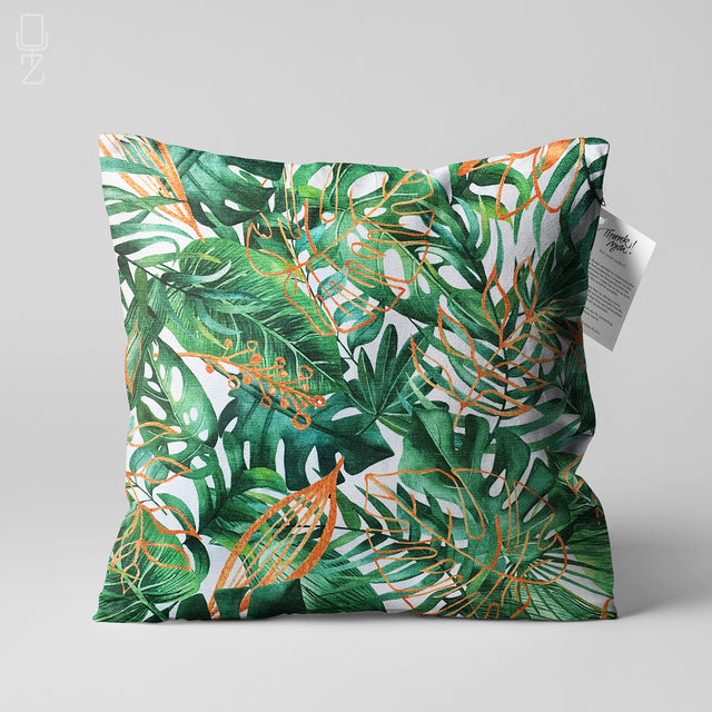 Pillow Cover with Green & Orange Tropical Leaves