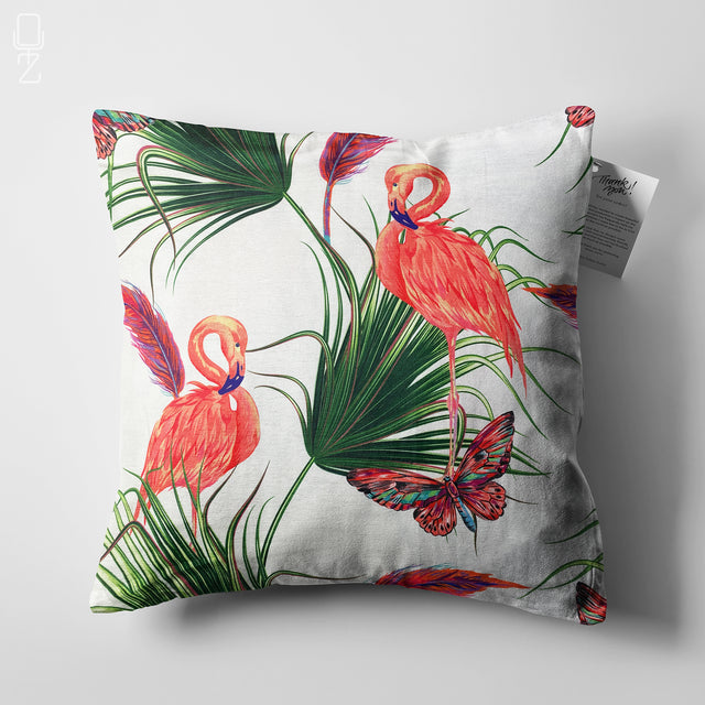 Pillow Cover with Green Leafy & Flamingos