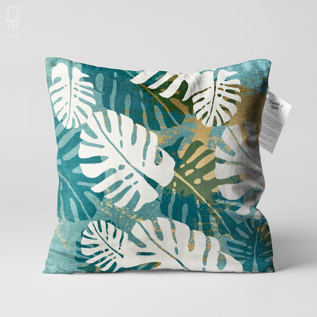 White Tropical Leaves on the Green Cushion Cover