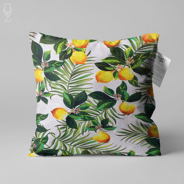 Cushion Cover with Lemons & Tropical Leaves