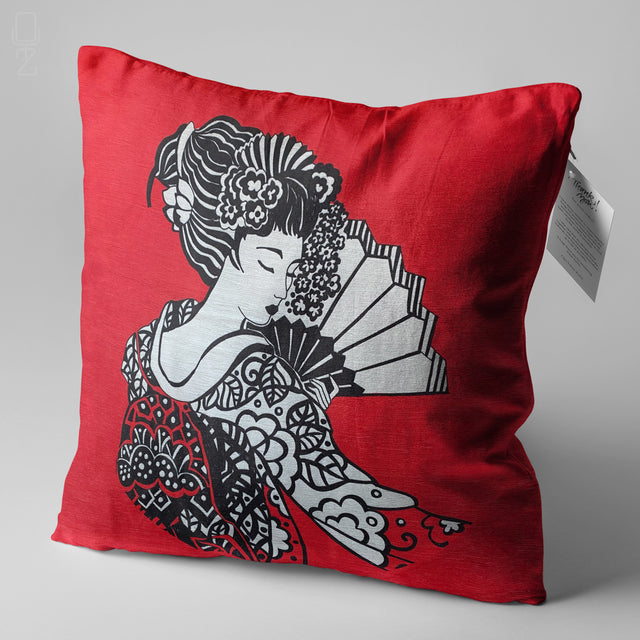 A Japanese Woman Theme Red Cushion Cover