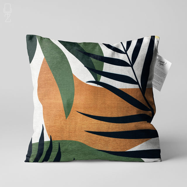 Front view of a leaf theme double sided printed pillowcase in green, orange, white and black.