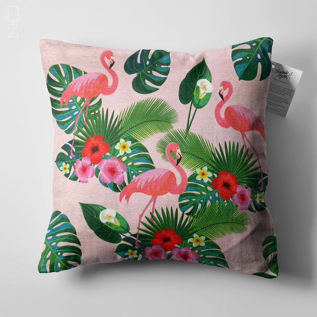 Flamingos & Tropical Leafy Pink Cushion Cover