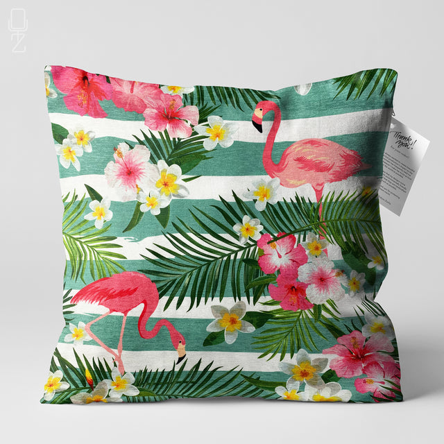 Pink Flamingos & Green Leaves Cushion Cover