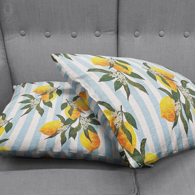 Decorative Pillow Cover with Lemons & Blue Striped