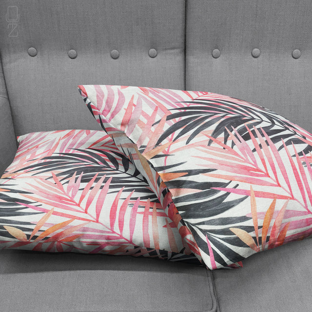 Pink and Black Leaves Cushion Cover