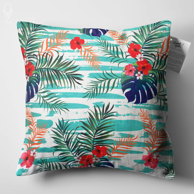Flowers & Leaves with Green Cushion Cover