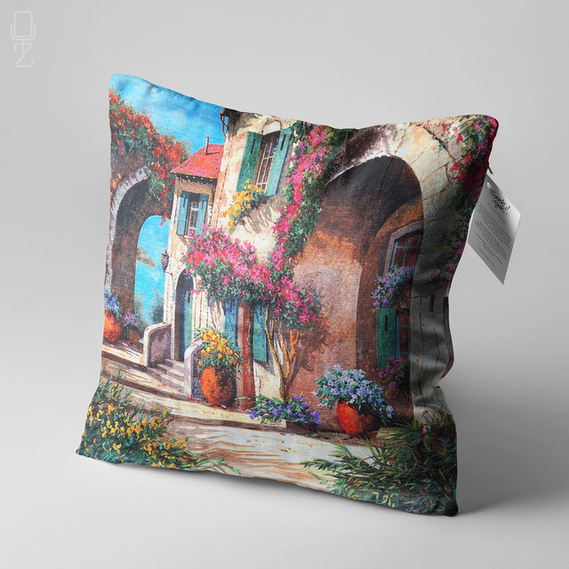 Cushion Cover with Flower Houses Design