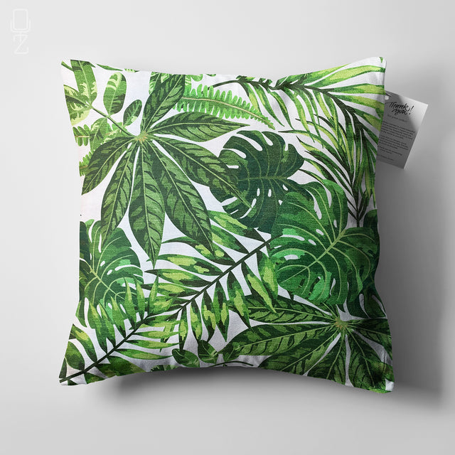 Green Multi-Tropical Leaves Cushion Cover
