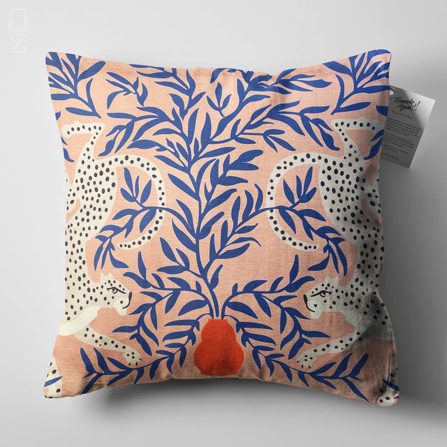 Leopards in Blue Leaves Cushion Cover