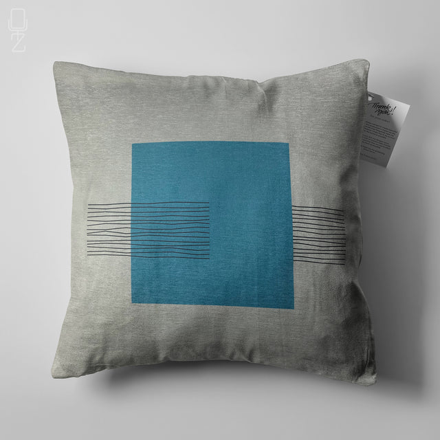 Blue Square & Striped Grey Pillow Cover