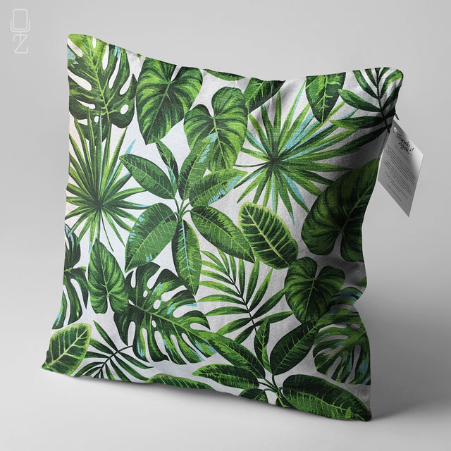 Green Cushion Cover with Tropical Leaves