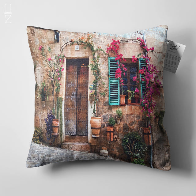 Cushion Cover with Blue Shutter House Design
