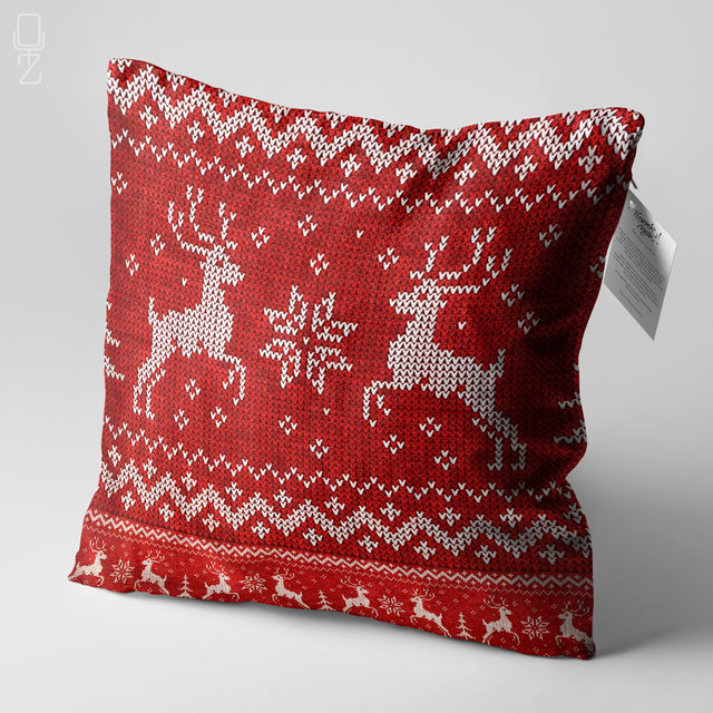 Red & White Christmas Reindeers Cushion Cover