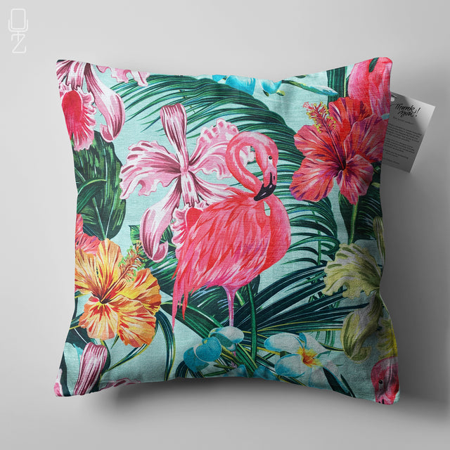 Pink Flamingo & Tropical Flowers Cushion Cover