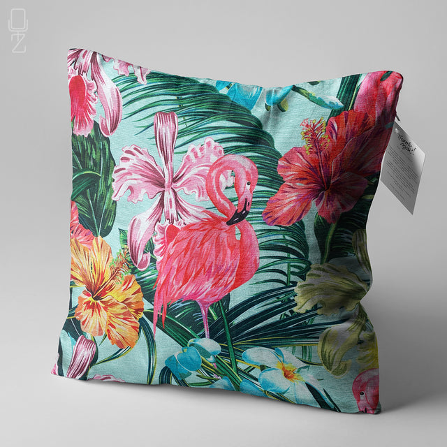 Pink Flamingo & Tropical Flowers Cushion Cover