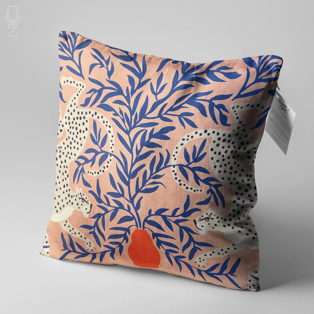 Leopards in Blue Leaves Cushion Cover