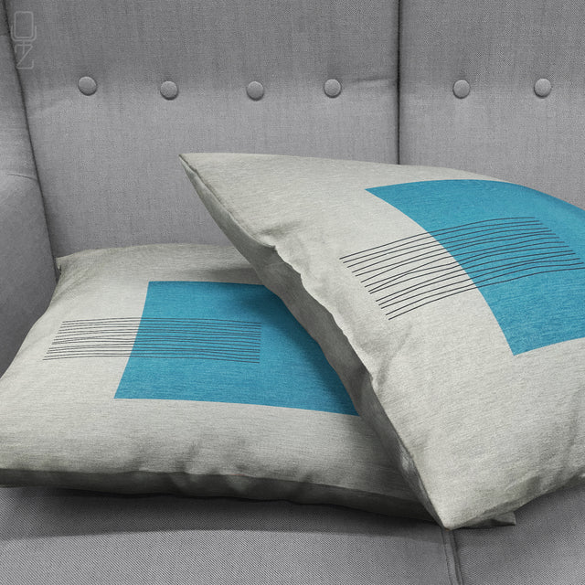Blue Square & Striped Grey Pillow Cover