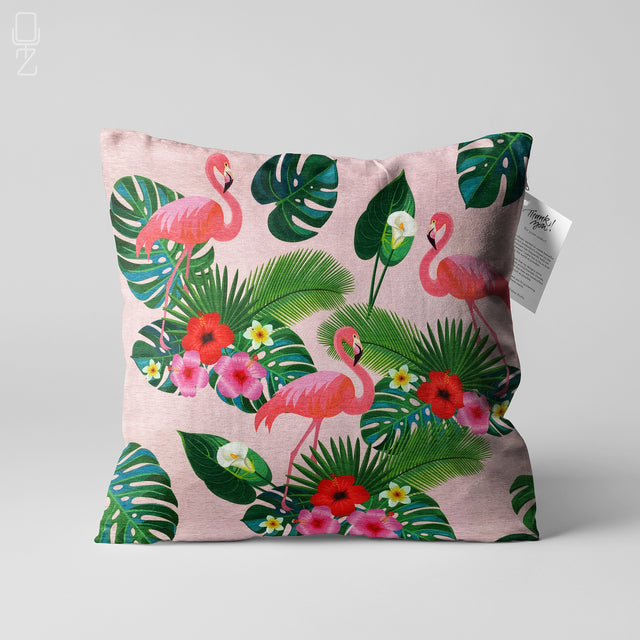 Flamingos & Tropical Leafy Pink Cushion Cover