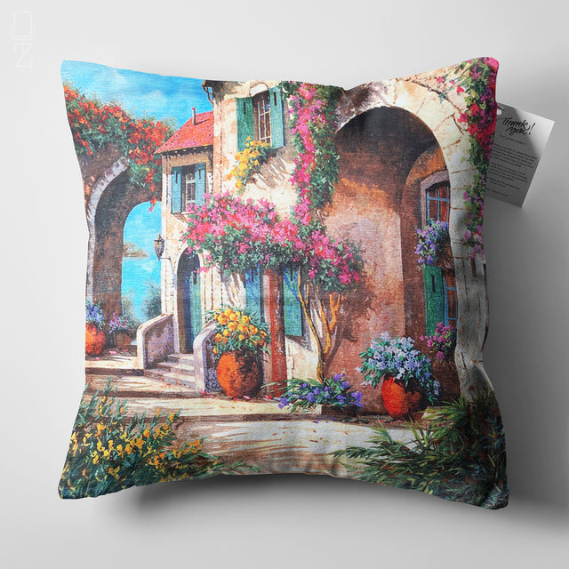 Cushion Cover with Flower Houses Design