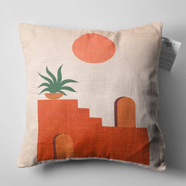 Minimalist Cushion Cover with Sun, Plant and Stairs