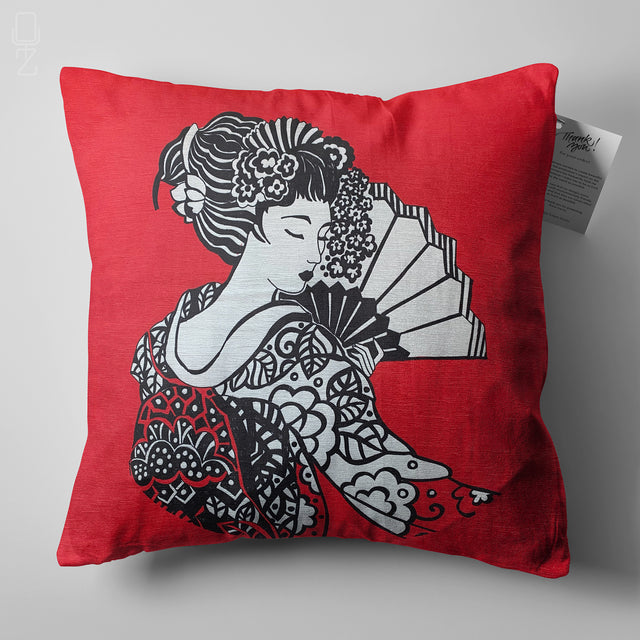 A Japanese Woman Theme Red Cushion Cover