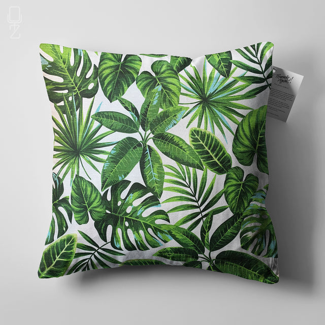 Green Cushion Cover with Tropical Leaves