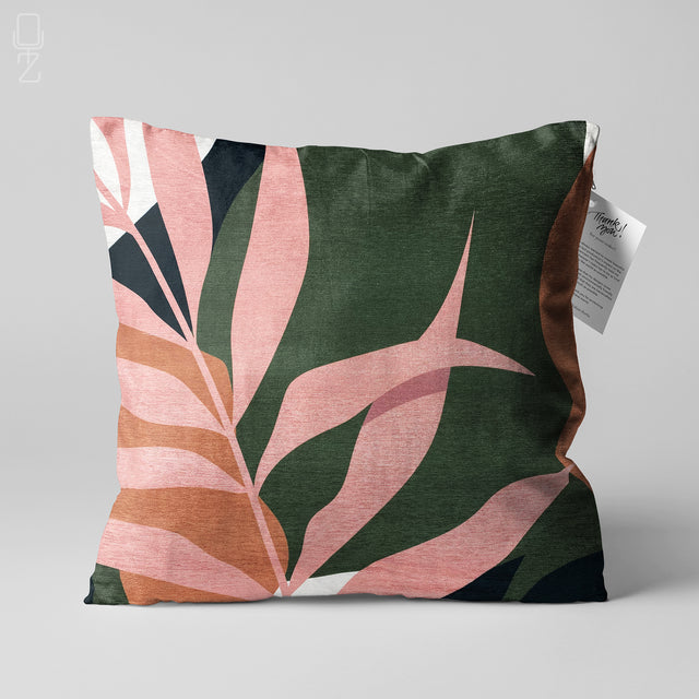 Front view of a leaf theme double sided printed pillowcase in green, pink, white and orange.
