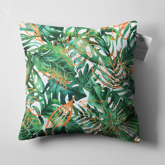 Pillow Cover with Green & Orange Tropical Leaves