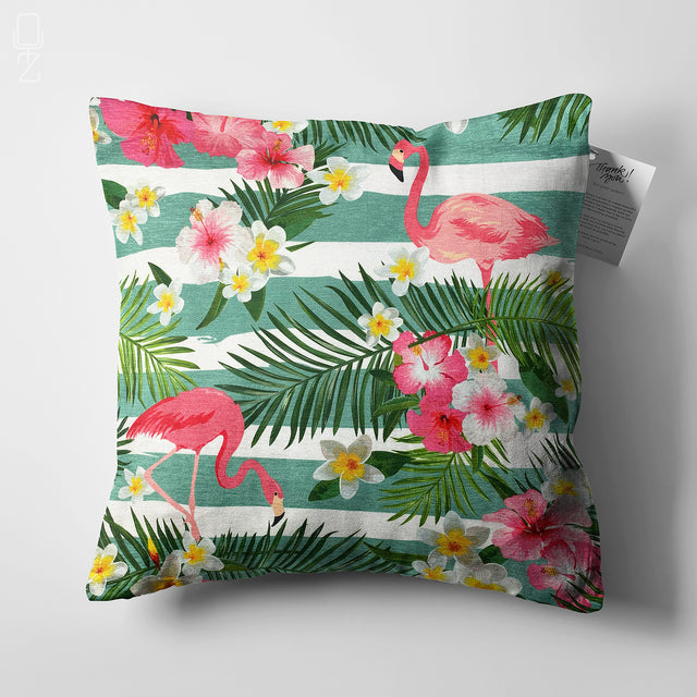Pink Flamingos & Green Leaves Cushion Cover