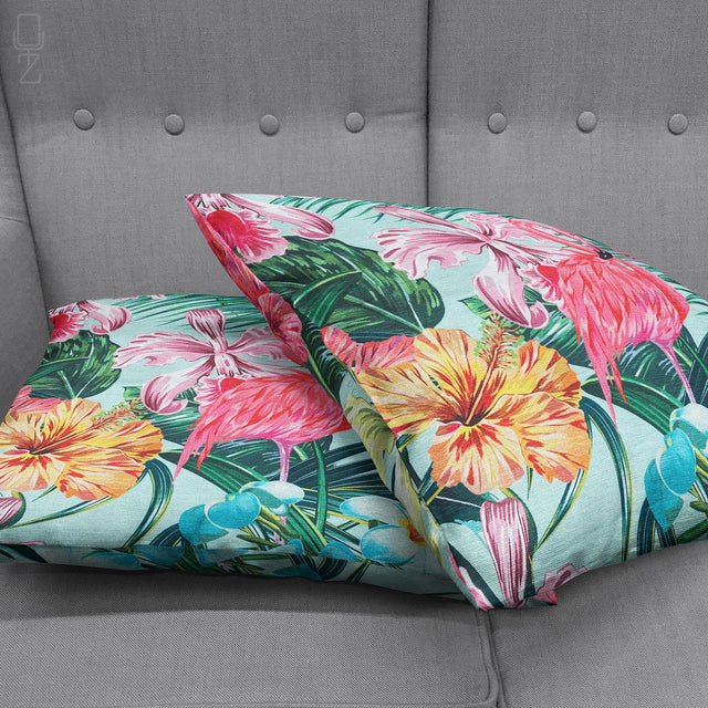 Pink Flamingo & Tropical Flowers Cushion Cover