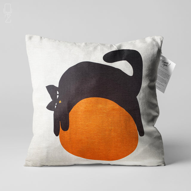 Pillow Cover Lazy Black Cat on the Orange Ball