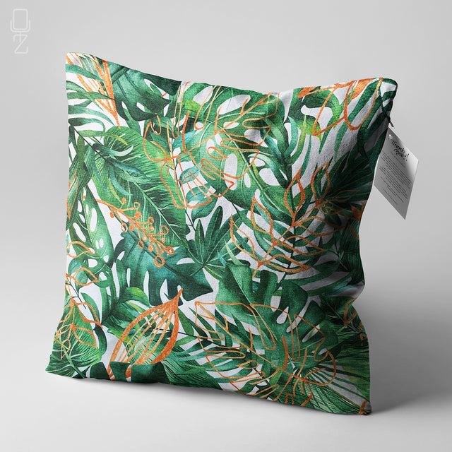 Pillow Cover with Green & Orange Tropical Leaves