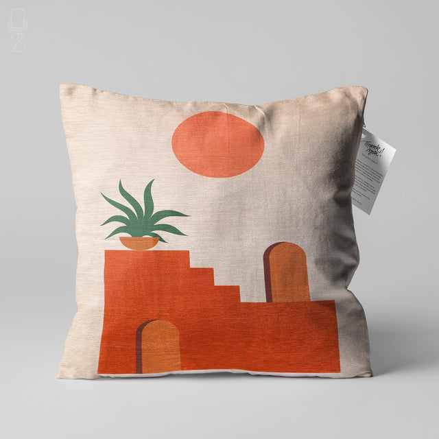 Minimalist Cushion Cover with Sun, Plant and Stairs