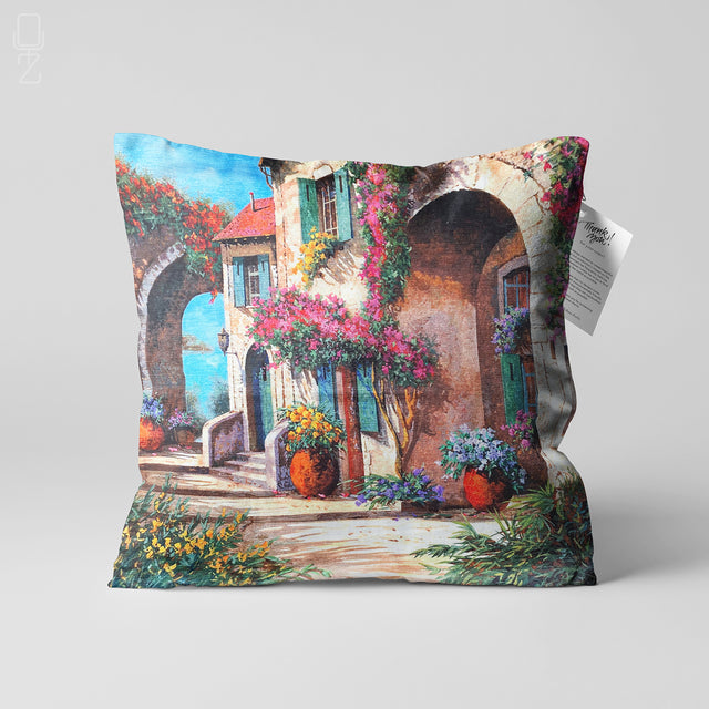 Cushion Cover with Flower Houses Design