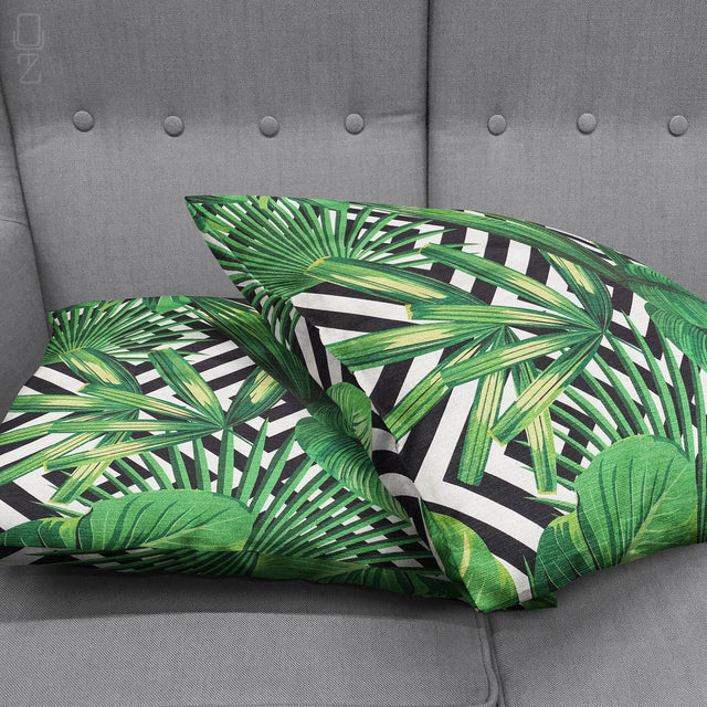 Green Tropical Palm Leaves Cushion Cover