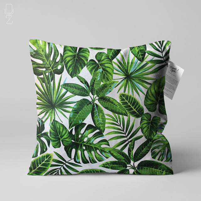 Green Cushion Cover with Tropical Leaves