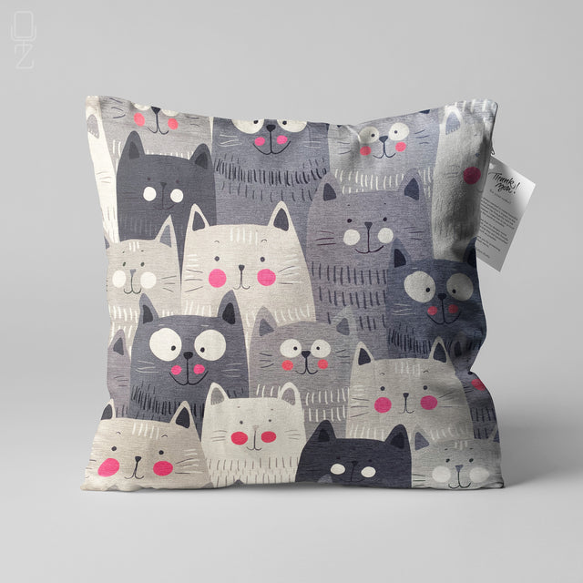 Cute Grey Cats Pillow Covers with Pink Cheeks