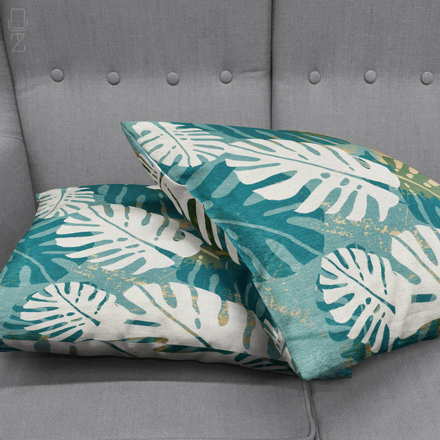 White Tropical Leaves on the Green Cushion Cover