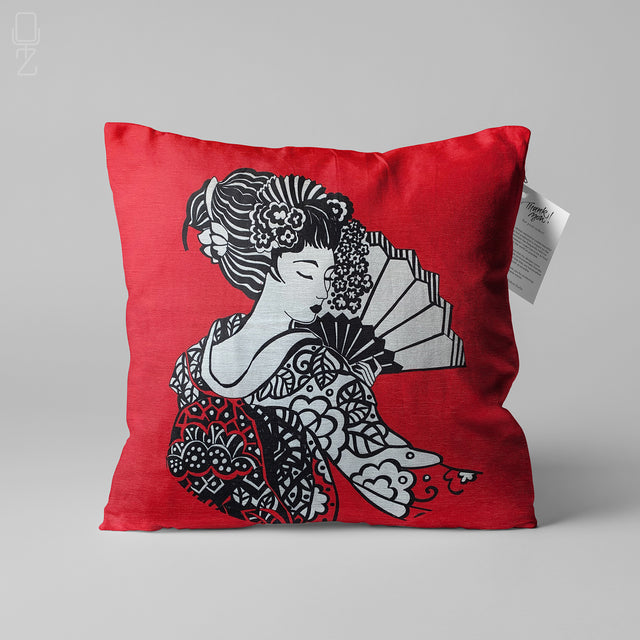 A Japanese Woman Theme Red Cushion Cover