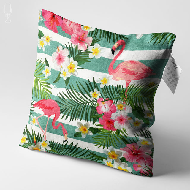 Pink Flamingos & Green Leaves Cushion Cover