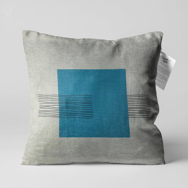 Blue Square & Striped Grey Pillow Cover