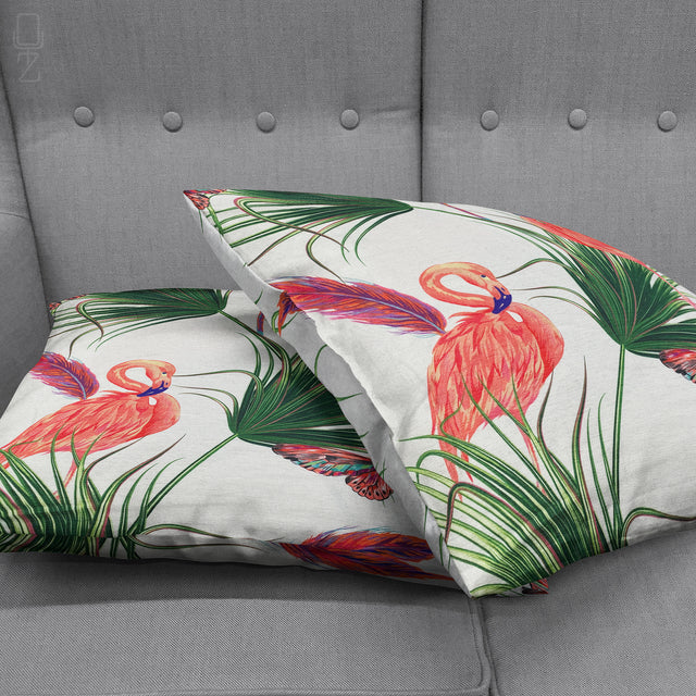 Pillow Cover with Green Leafy & Flamingos