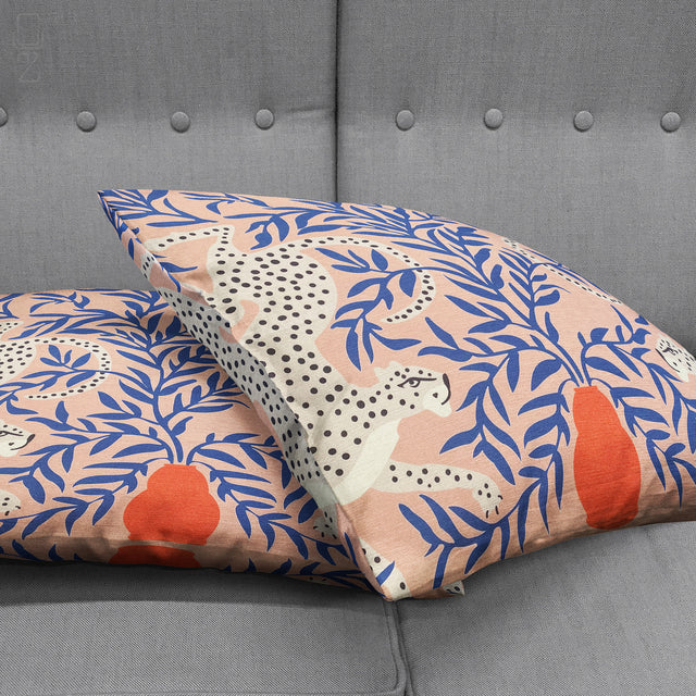 Leopards in Blue Leaves Cushion Cover