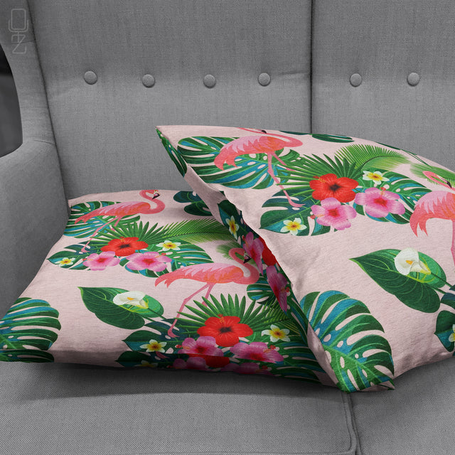 Flamingos & Tropical Leafy Pink Cushion Cover