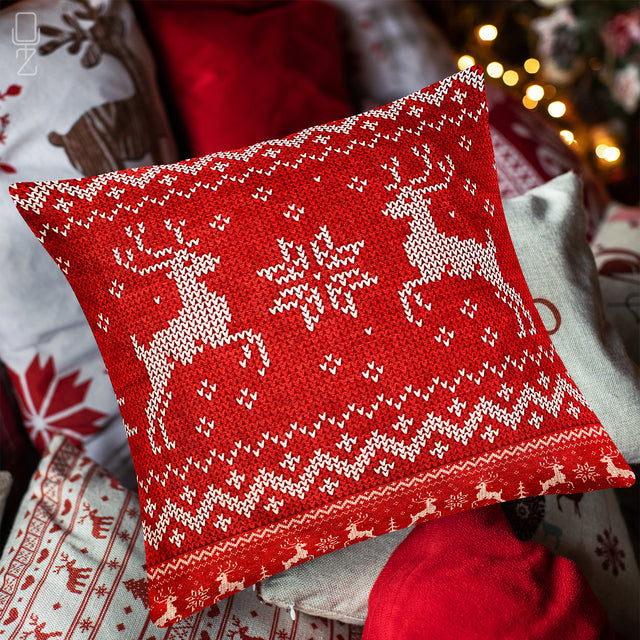 Red & White Christmas Reindeers Cushion Cover