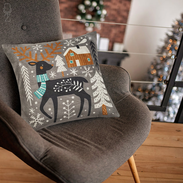 Winter Cushion Cover with Reindeer Theme