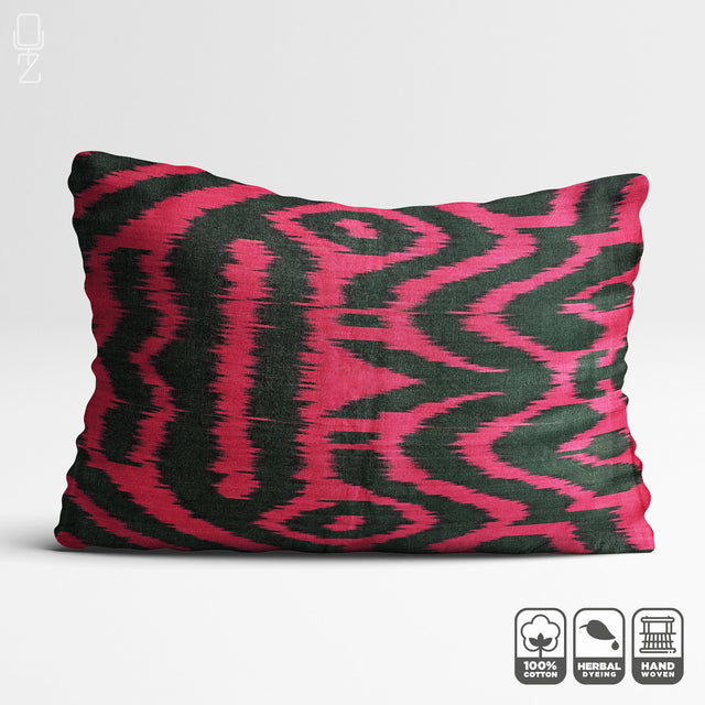 Traditional Ikat Pillow Cover with Fuchsia and Black Colours